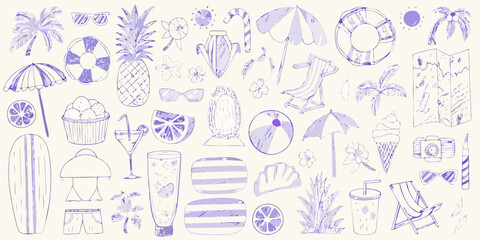 Whimsical hand drawn purple summer vacation icons and elements arranged in a collage pattern