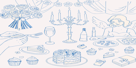 Elegant celebration scene with a tiered cake cupcakes champagne flowers gifts and an angel figure