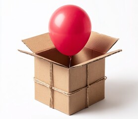 Unexpected Joy: A vibrant red balloon escapes from an open cardboard box, symbolizing surprise, anticipation, and the boundless potential of an unseen gift. 