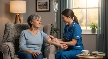 Compassionate healthcare scene: nurse assisting elderly woman with iv therapy at home for medical recovery and patient care