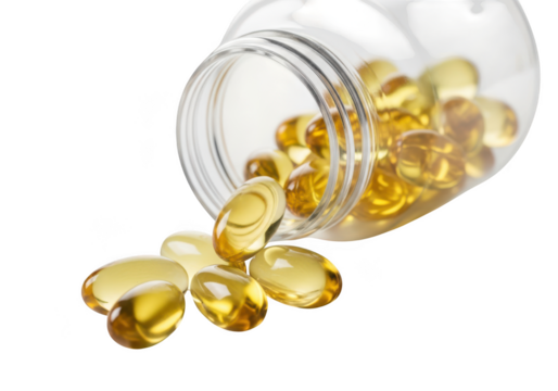 Clear plastic bottle with golden fish oil capsules spilling out onto a dark surface isolated on transparent background - Powered by Adobe