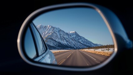 Snowy Mountains Reflected in a Car's Side-View Mirror During a Road Trip