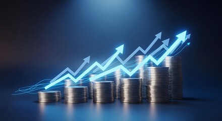 Financial growth concept with stacked coins and arrows for economic success visualization