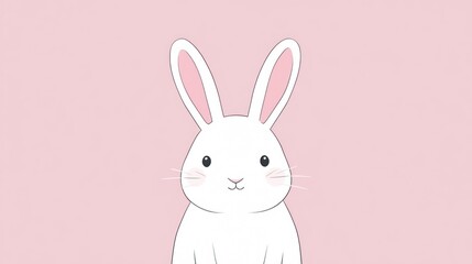 Obraz premium White cartoon bunny with pink ears and blush against a soft pink backdrop
