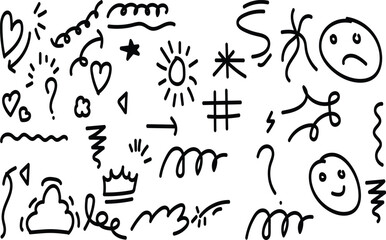 Collection of hand drawn doodle elements, including hearts, stars, question marks, faces, and abstract shapes