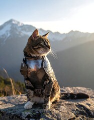A cat, armored, sits atop a rock with mountains in the background