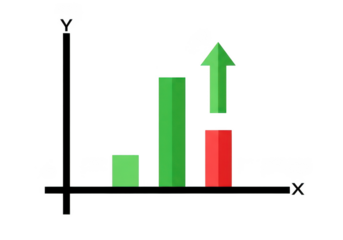 Green upward arrow above red bar chart indicating financial growth isolated on transparent background