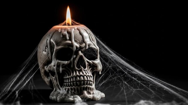 Skull candle with melted wax and cobwebs
