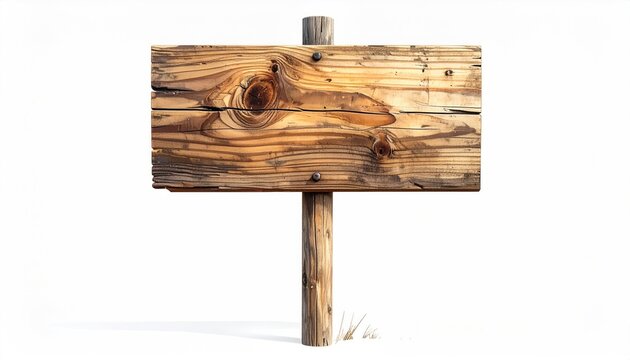 Wooden signpost, weathered with nails, set against a clean, white background