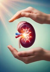Human kidney health and protection concept with hands holding anatomical model for medical awareness and education