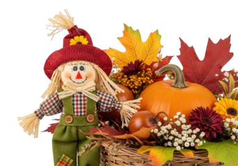 Vector art of cute scarecrow doll with pumpkins, autumn leaves, and flowers