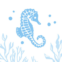Decorative seahorse flat illustration with seaweed and bubbles, and underwater marine elements in minimal ocean style