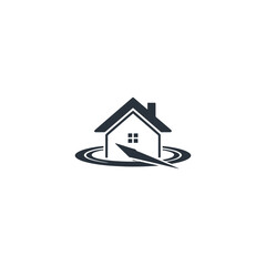 house and pathway logo, real estate home icon, circular wave base, safe neighborhood identity, clean minimalist vector