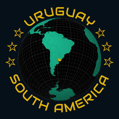 Obraz premium Uruguay on Globe. Round country and continent name text. Country view on world map in Black Emerald color palette. Uruguay shape on map. Elegant vector illustration.