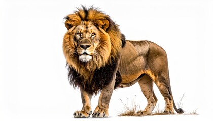 Obraz premium Regal lion stands, facing forward, with a full mane and muscular build