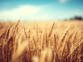 Scenic golden wheat field under a blue sky on a sunny day. Warm, vintage-style background representing harvest, agriculture, and the beauty of nature.

