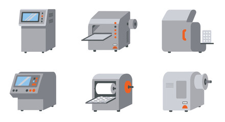 Illustrative depictions of various industrial machines and automated equipment