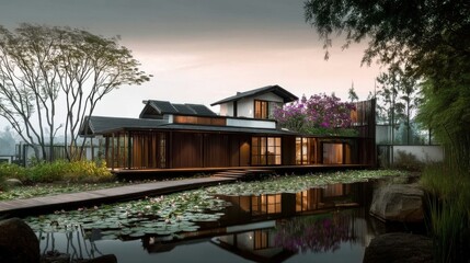 Fototapeta premium A serene East Asian style home with clean lines, wooden elements, and paper screens, surrounded by a tranquil garden,
