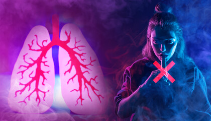 Woman with e cigarette crossed out symbol next to lung illustration, concept of vaping health...