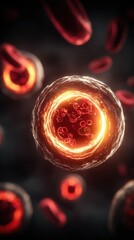 Microscopic view of a single cell with multiple organelles visible in sharp textures and fine biological details in high resolution.