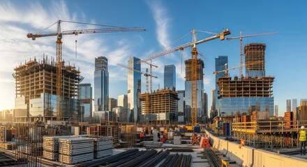 Construction site with cranes and high-rise buildings under construction.