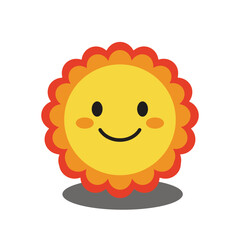 Smiling cartoon sun with orange and yellow petals and happy face.