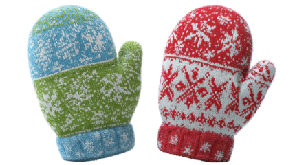 Pair of knitted mittens with winter patterns isolated on transparent background