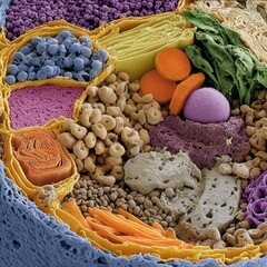 Microscopic view of a single cell with multiple organelles visible in sharp textures and fine biological details in high resolution.