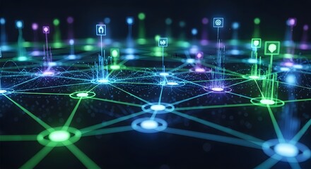 An abstract depiction of a digital network with interconnected nodes and data visualization.