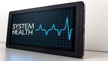 Digital monitor showing system health status with blue heartbeat line
