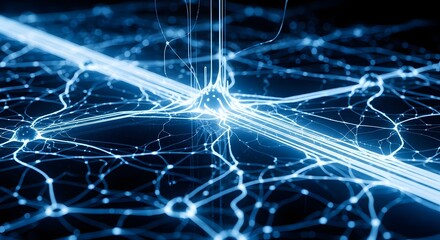 Artistic visualization of a glowing blue neural network with firing synapses and data pathways.