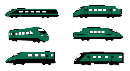 Collection of stylized green trains in different perspectives simple vector illustration © Nasima