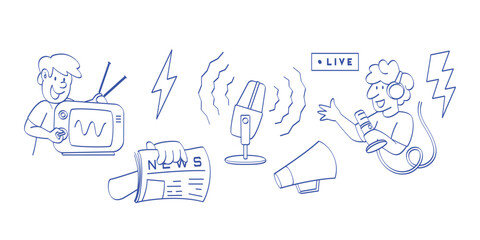 Hand-drawn doodle of podcast, live stream, and digital media elements like a microphone and play button, perfect for social media, news, online communication, and blog concepts