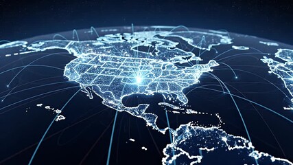 Digital globe focusing on the USA with glowing data network connection, a concept of technology - Powered by Adobe