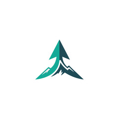 mountain arrow logo, upward growth mark, adventure outdoor branding, evergreen peak silhouette, dynamic startup identity, modern vector