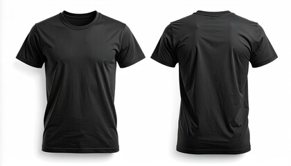Front and back view of a plain, black short-sleeved t-shirt, clean and simple