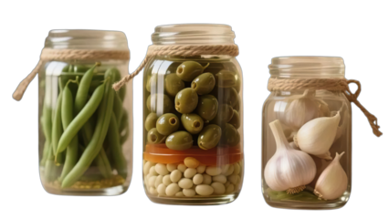 Stock Photo Naming: Glass jars of preserved food including pickled cucumbers, green peas, and marinated olives on white