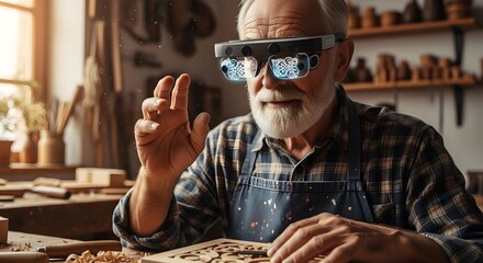 Elderly craftsman wearing augmented reality glasses in a woodworking shop, using advanced technology to enhance his traditional craft.