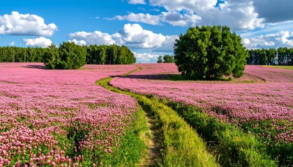Fototapeta premium A vibrant pink clover field with a path winding through