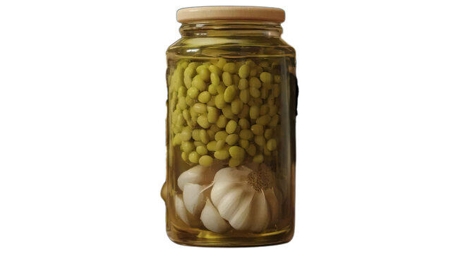 A healthy, preserved glass jar of green olives, pickled cucumbers, and preserved peas on a white background