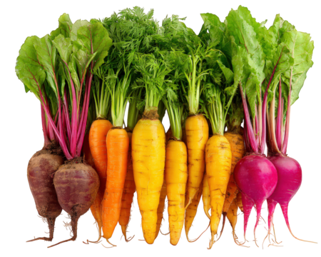 Fresh and colorful assortment of raw root vegetable produce like carrot and beet. This healthy organic harvest from farm exudes feeling of natural abundance and vitality