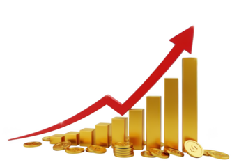 Golden financial growth chart with upward trending red arrow and scattered coins isolated on transparent background