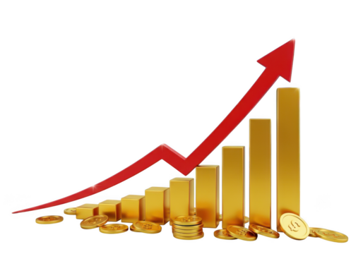 Golden financial growth chart with upward trending red arrow and scattered coins isolated on transparent background