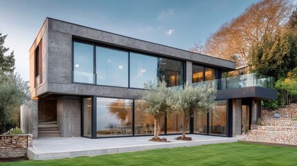 Obraz premium A modern concrete and glass house with large windows sits in a manicured garden, featuring a balcony, walkway,