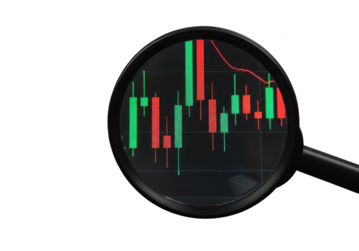 Magnifying glass reveals detailed stock market candlestick chart with upward and downward trends isolated on transparent background