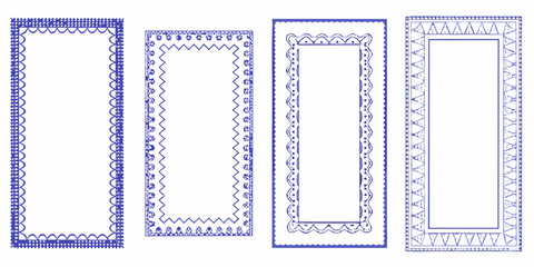 Collection of four unique hand drawn blue decorative borders and frames on white background