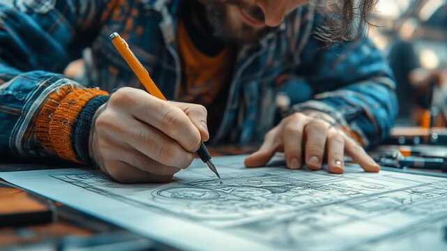 Artist Drawing Detailed Sketch with Pencil Close Up.