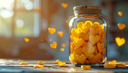 A glass jar filled with golden hearts, some floating, set on a wooden surface