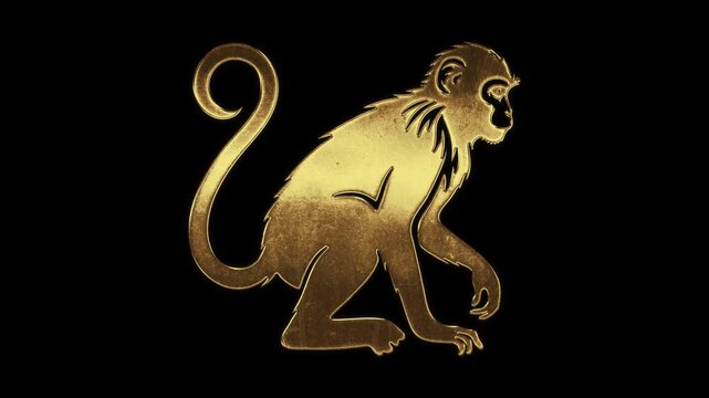 Monkey with slightly reflected outlines on a gold foil-like surface, loop, alpha channel

