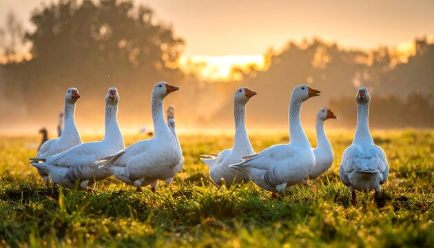 Group of white waterfowl in a sunlit meadow at dawn with trees in the misty background - Powered by Adobe